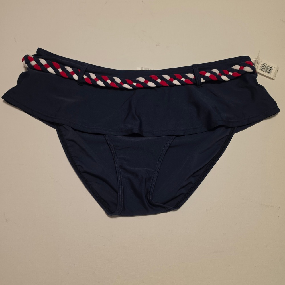Baltex Ruffle Braided Belt Nautical Bikini Swim Bottom Navy Blue Size 16 NWT